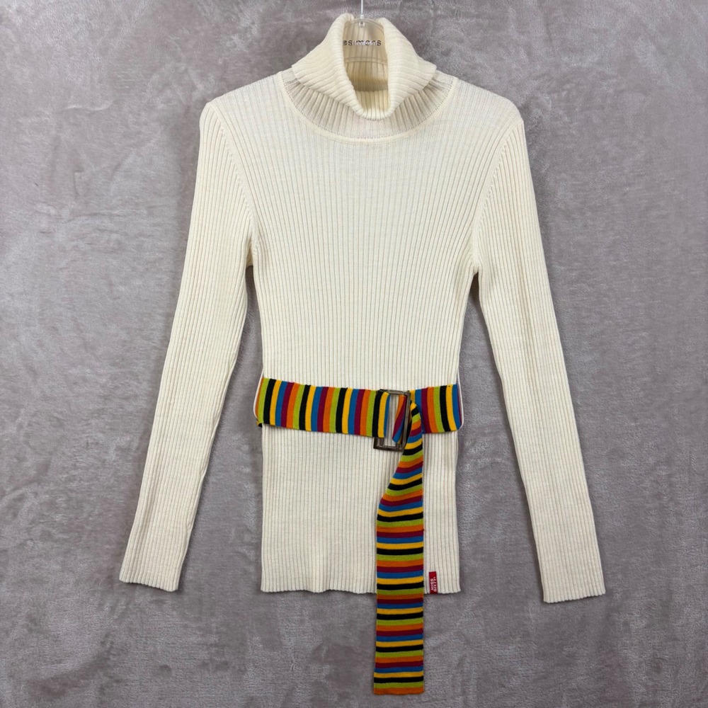 VTG Miss Sixty Basic Italy Cream Ribbed Turtleneck Sweater Colorful Belt L US 10